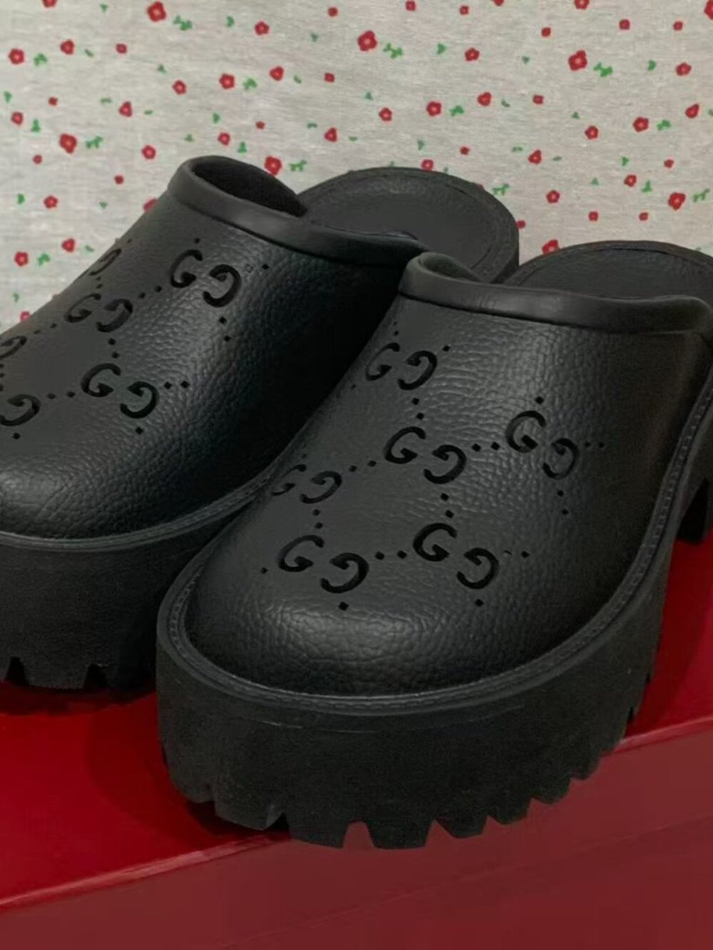Black Platform Perforated Logo Clog Mules - Picture 4 of 5
